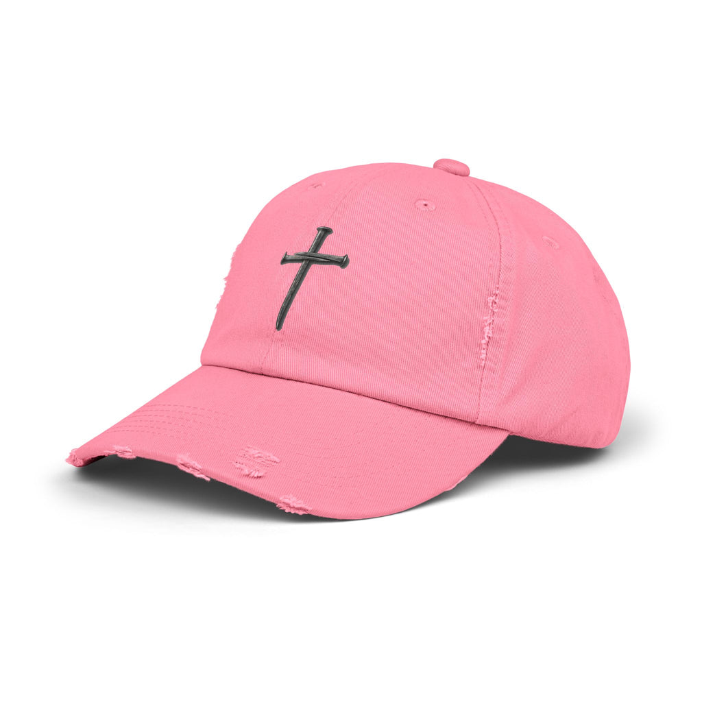 Distressed Black Cap with Silver Cross Embroidery — Faith-Inspired Baseball Hat