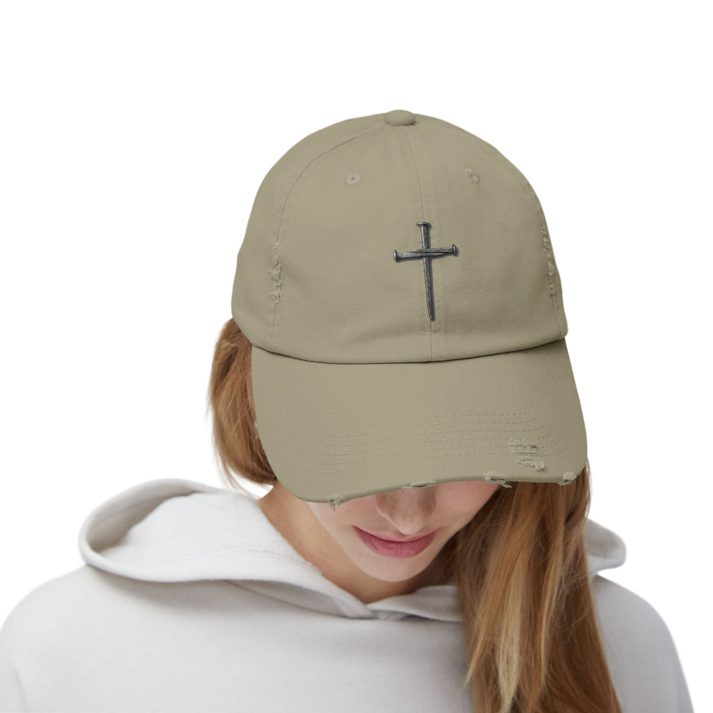 Distressed Black Cap with Silver Cross Embroidery — Faith-Inspired Baseball Hat