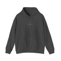Minimal Cross Hoodie — Small Distressed Christian Cross Pullover