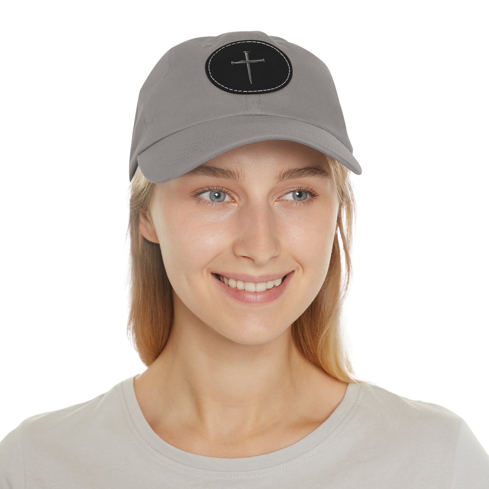 Embroidered Cross Leather Patch Dad Hat — Minimal Christian Baseball Cap