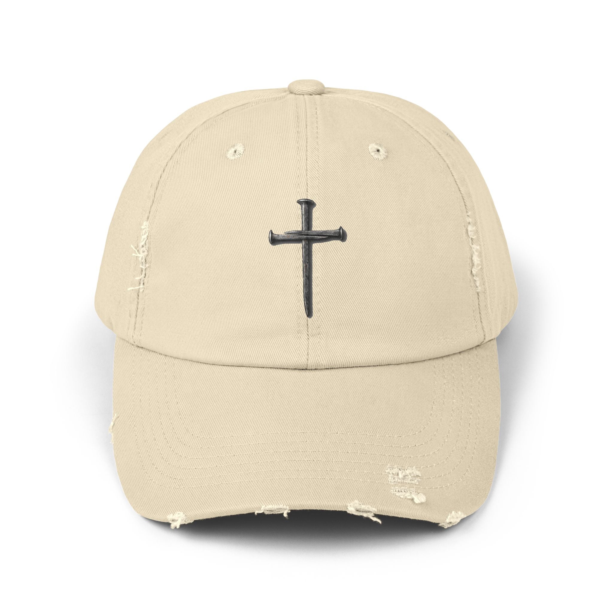Distressed Black Cap with Silver Cross Embroidery — Faith-Inspired Baseball Hat