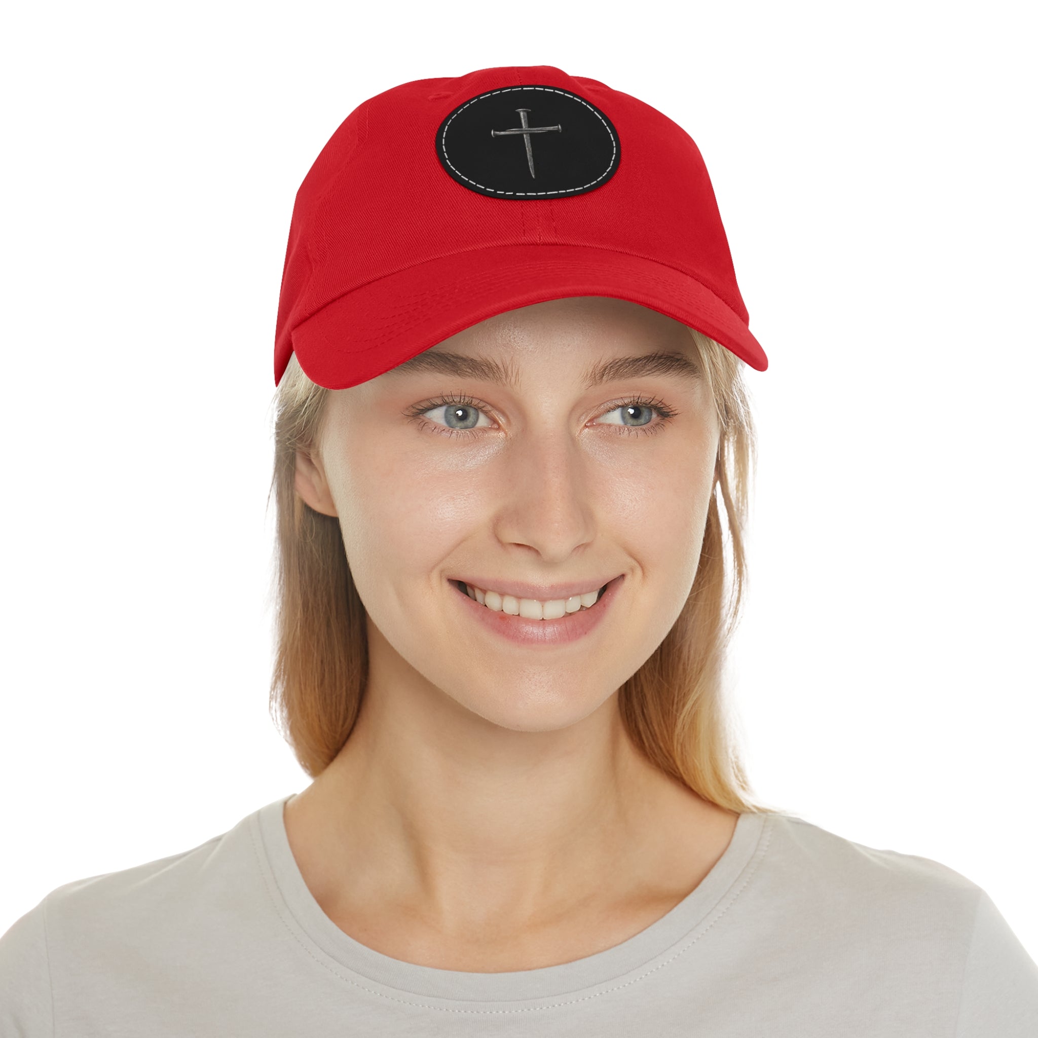 Embroidered Cross Leather Patch Dad Hat — Minimal Christian Baseball Cap