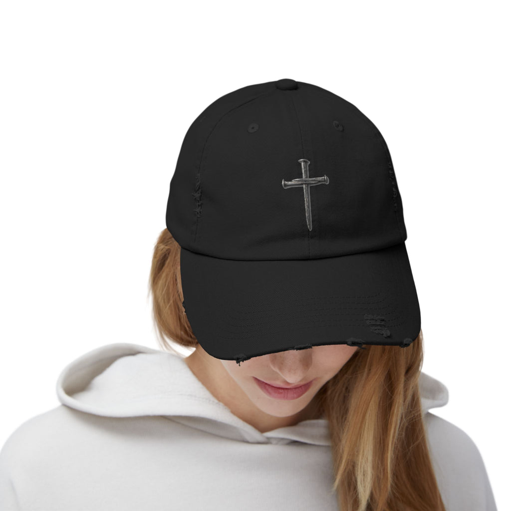 Distressed Black Cap with Silver Cross Embroidery — Faith-Inspired Baseball Hat