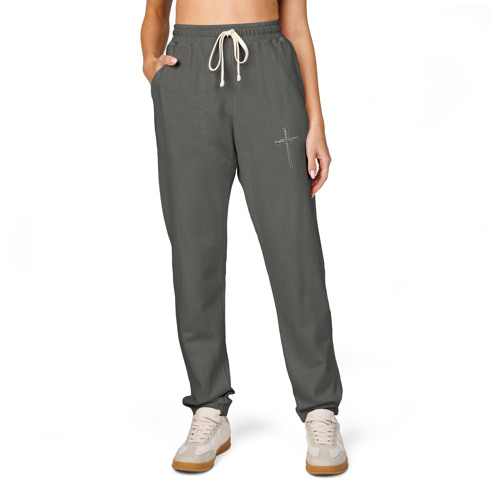 Cross Embroidered Fleece Sweatpants — Cozy Garment-Dyed Joggers