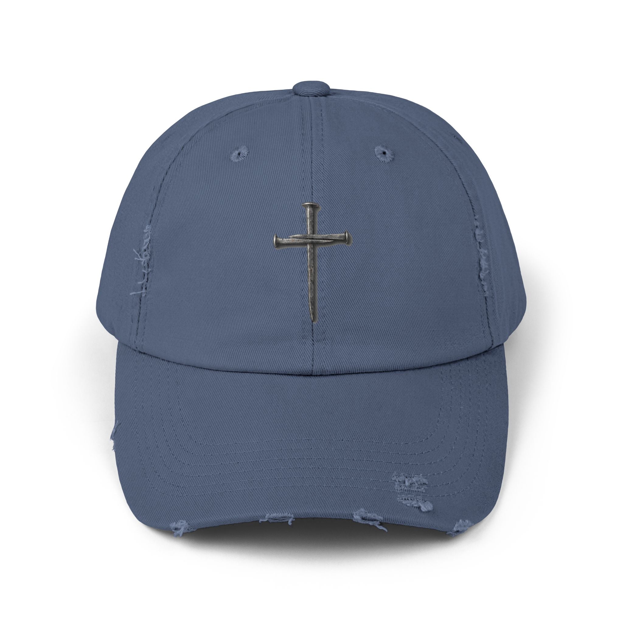 Distressed Black Cap with Silver Cross Embroidery — Faith-Inspired Baseball Hat