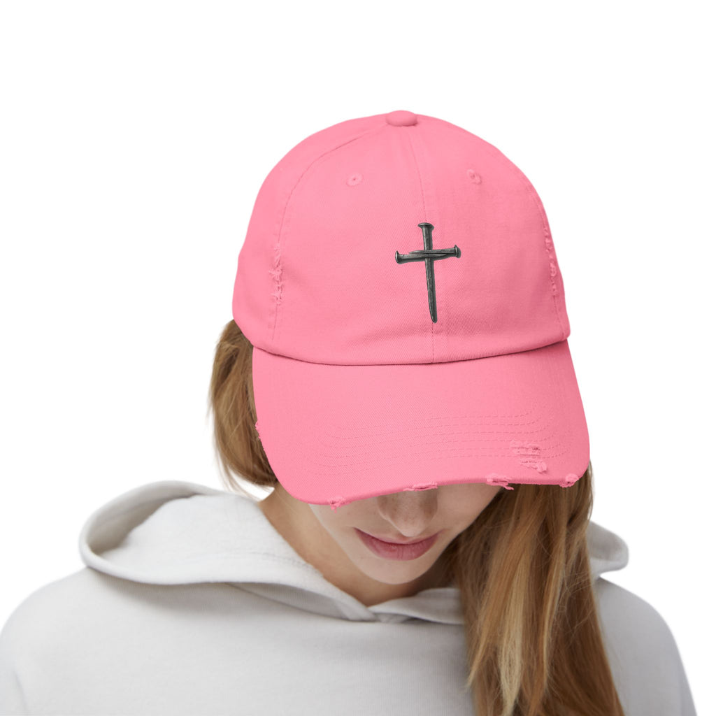 Distressed Black Cap with Silver Cross Embroidery — Faith-Inspired Baseball Hat