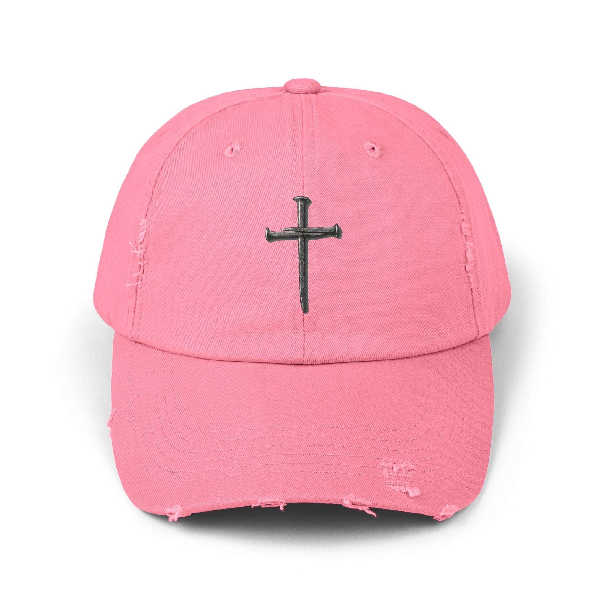 Distressed Black Cap with Silver Cross Embroidery — Faith-Inspired Baseball Hat