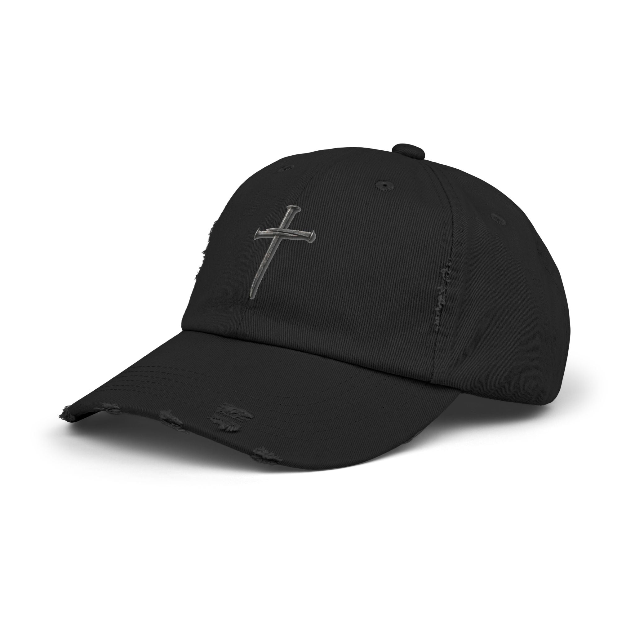 Distressed Black Cap with Silver Cross Embroidery — Faith-Inspired Baseball Hat