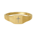 Gold Stainless Steel Square Signet Ring — Engraved Cross Minimalist Faith Band