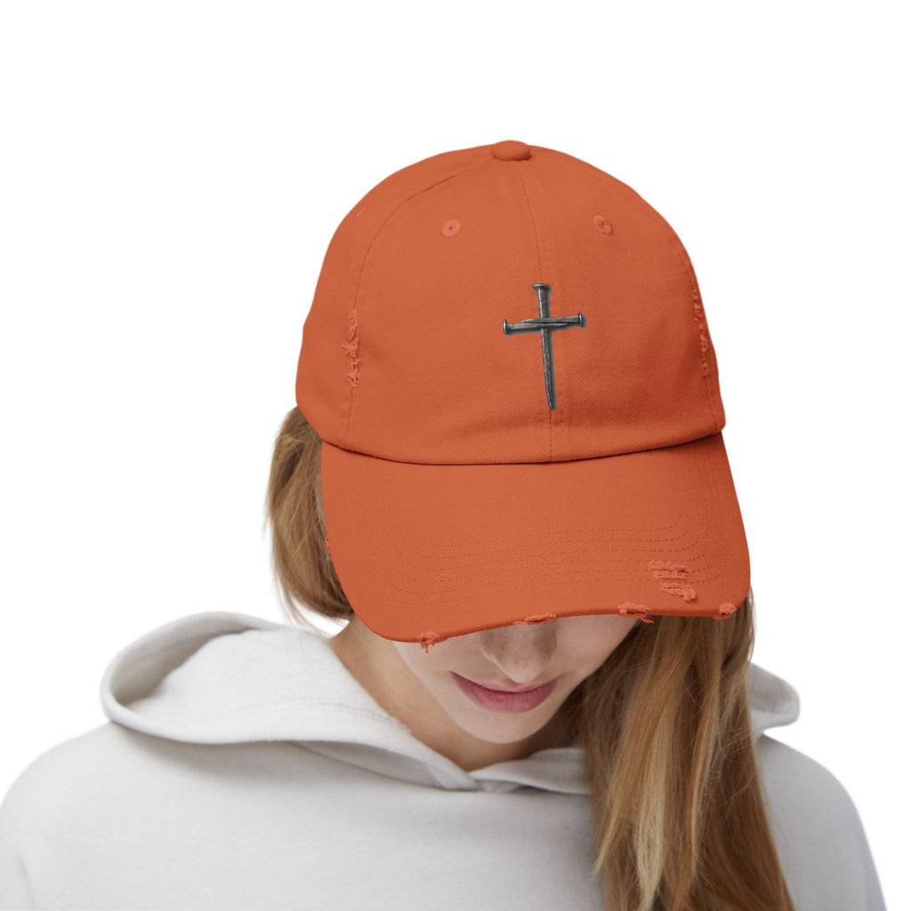 Distressed Black Cap with Silver Cross Embroidery — Faith-Inspired Baseball Hat