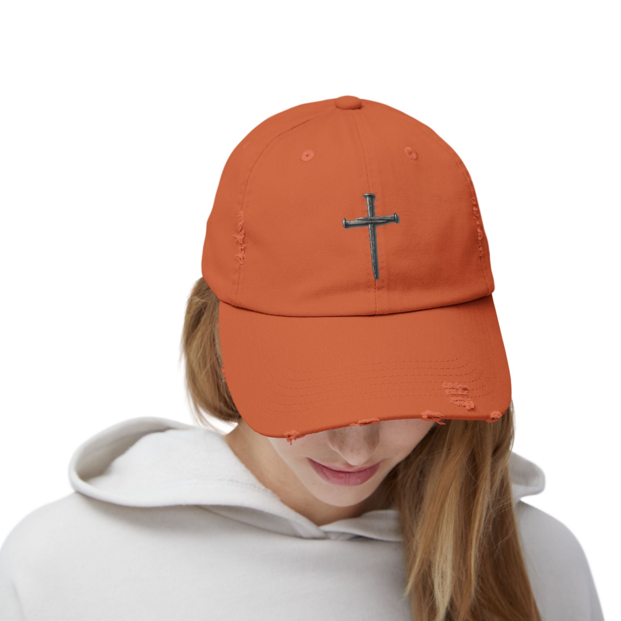 Distressed Black Cap with Silver Cross Embroidery — Faith-Inspired Baseball Hat
