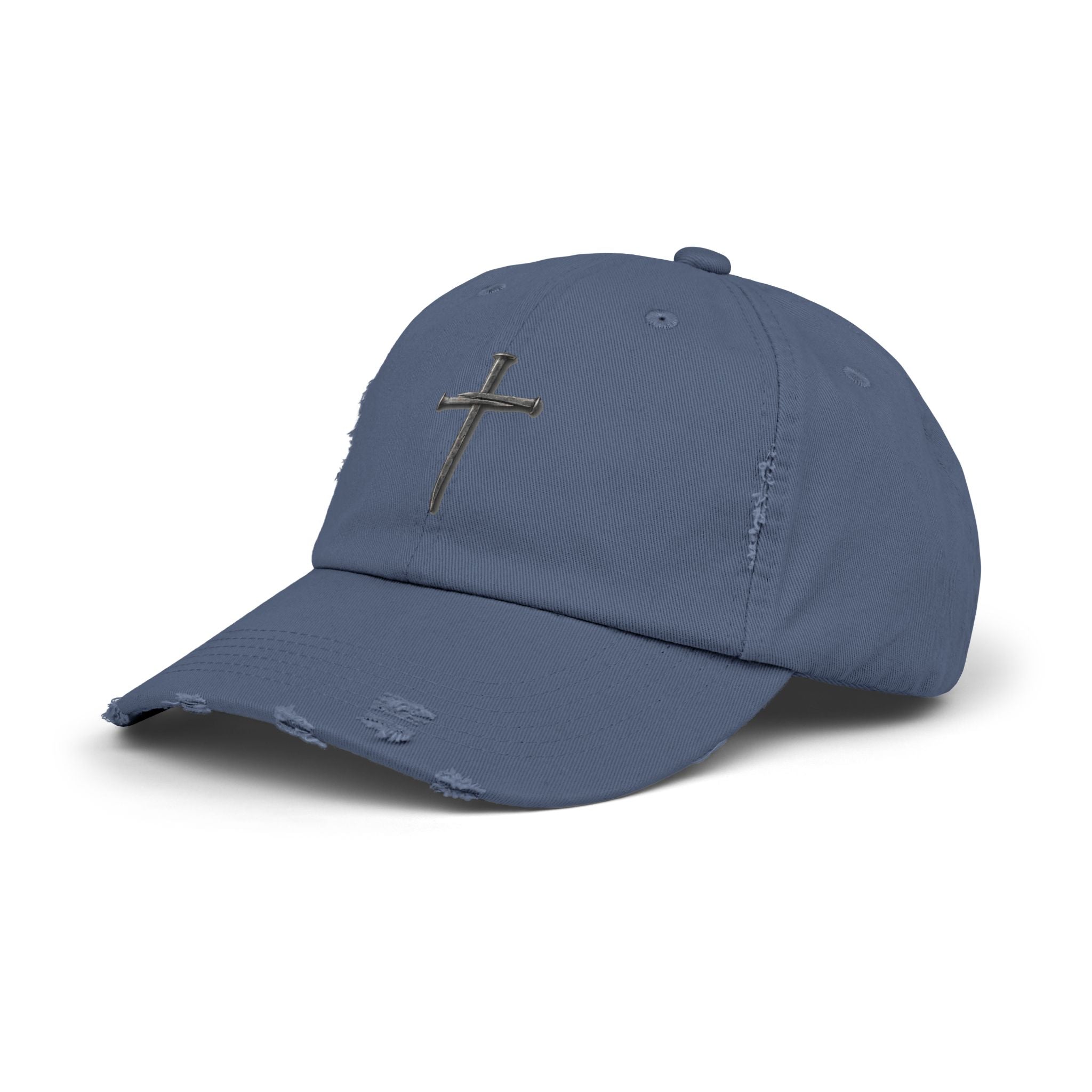 Distressed Black Cap with Silver Cross Embroidery — Faith-Inspired Baseball Hat