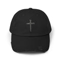 Distressed Black Cap with Silver Cross Embroidery — Faith-Inspired Baseball Hat