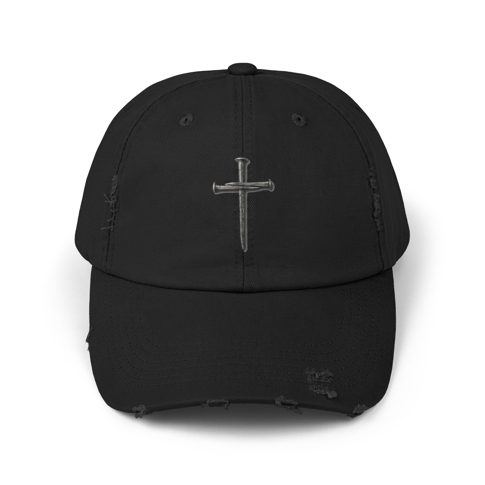 Distressed Black Cap with Silver Cross Embroidery — Faith-Inspired Baseball Hat