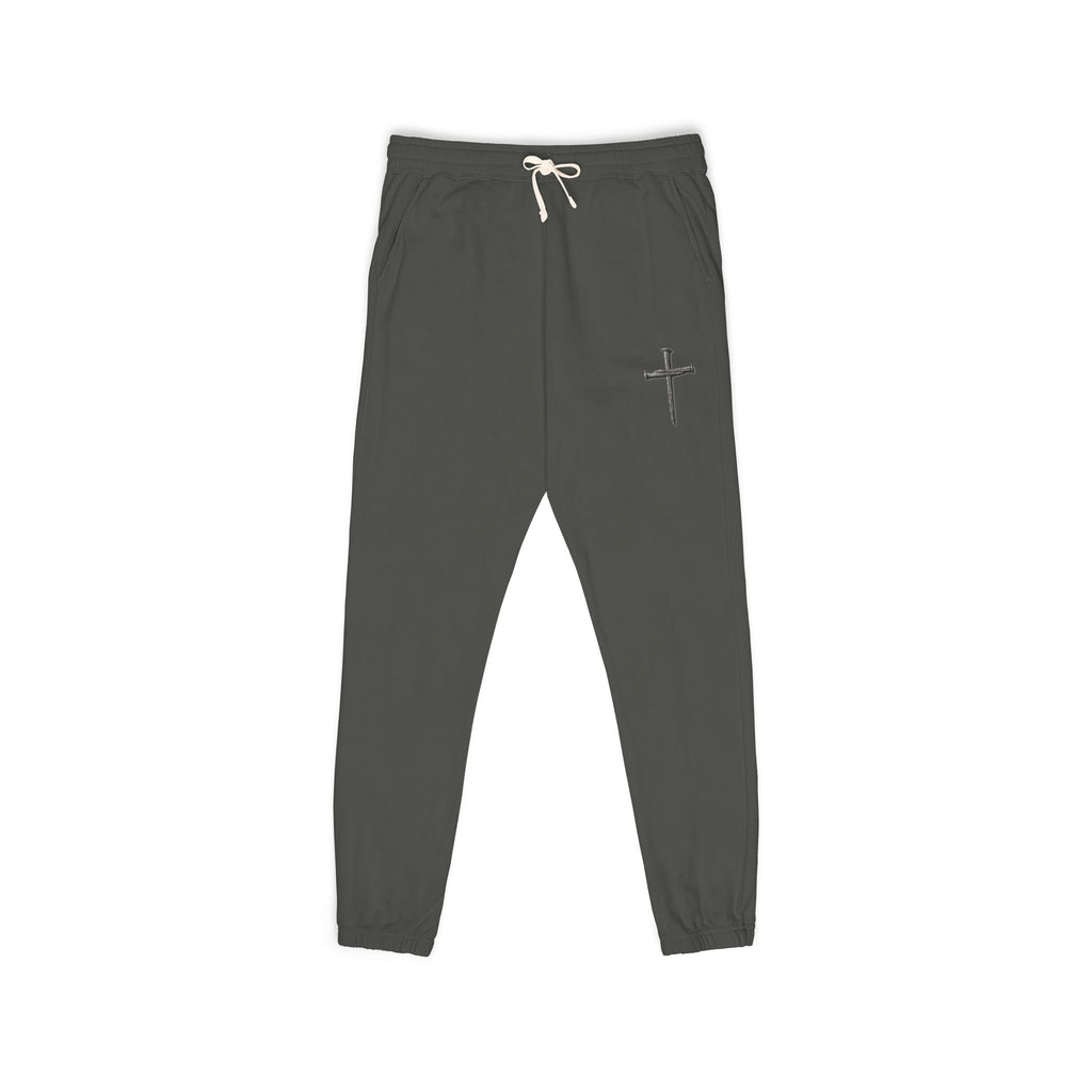 Cross Embroidered Fleece Sweatpants — Cozy Garment-Dyed Joggers
