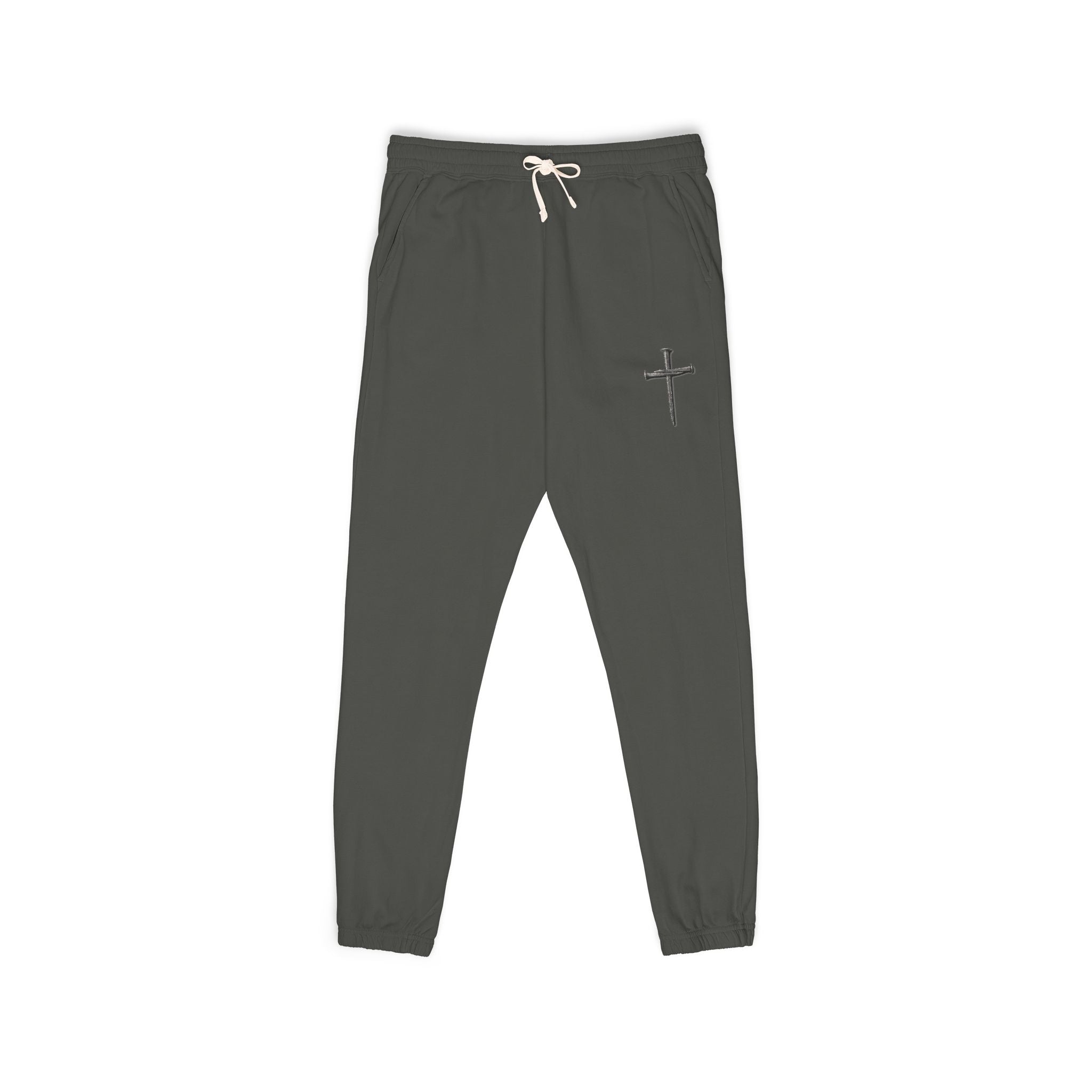 Cross Embroidered Fleece Sweatpants — Cozy Garment-Dyed Joggers