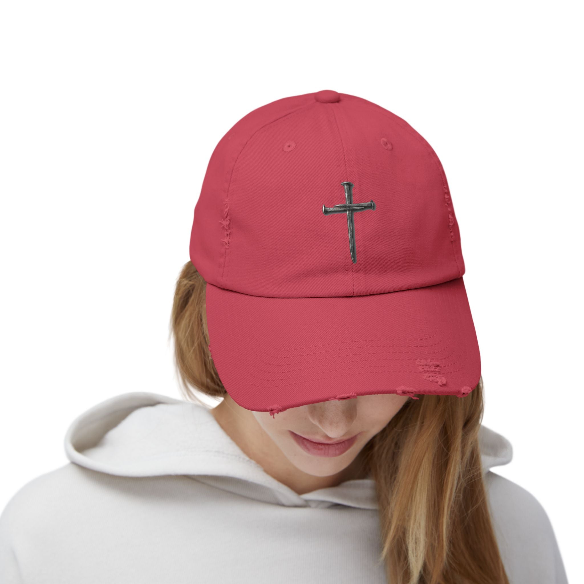 Distressed Black Cap with Silver Cross Embroidery — Faith-Inspired Baseball Hat