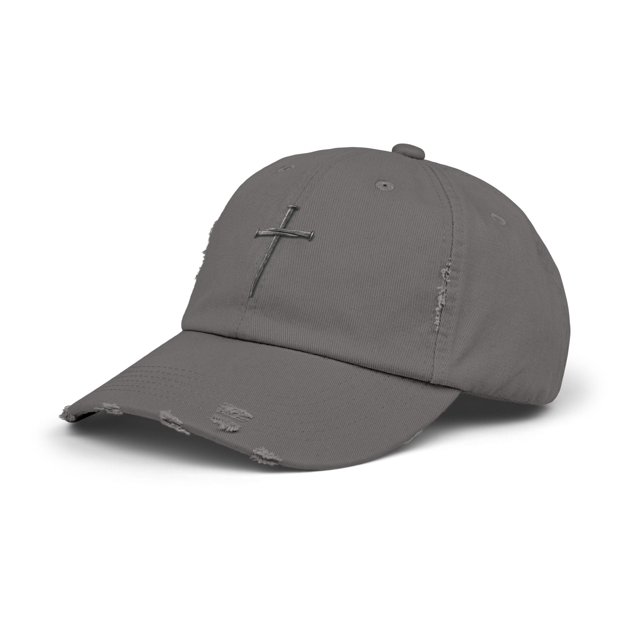 Distressed Black Cap with Silver Cross Embroidery — Faith-Inspired Baseball Hat