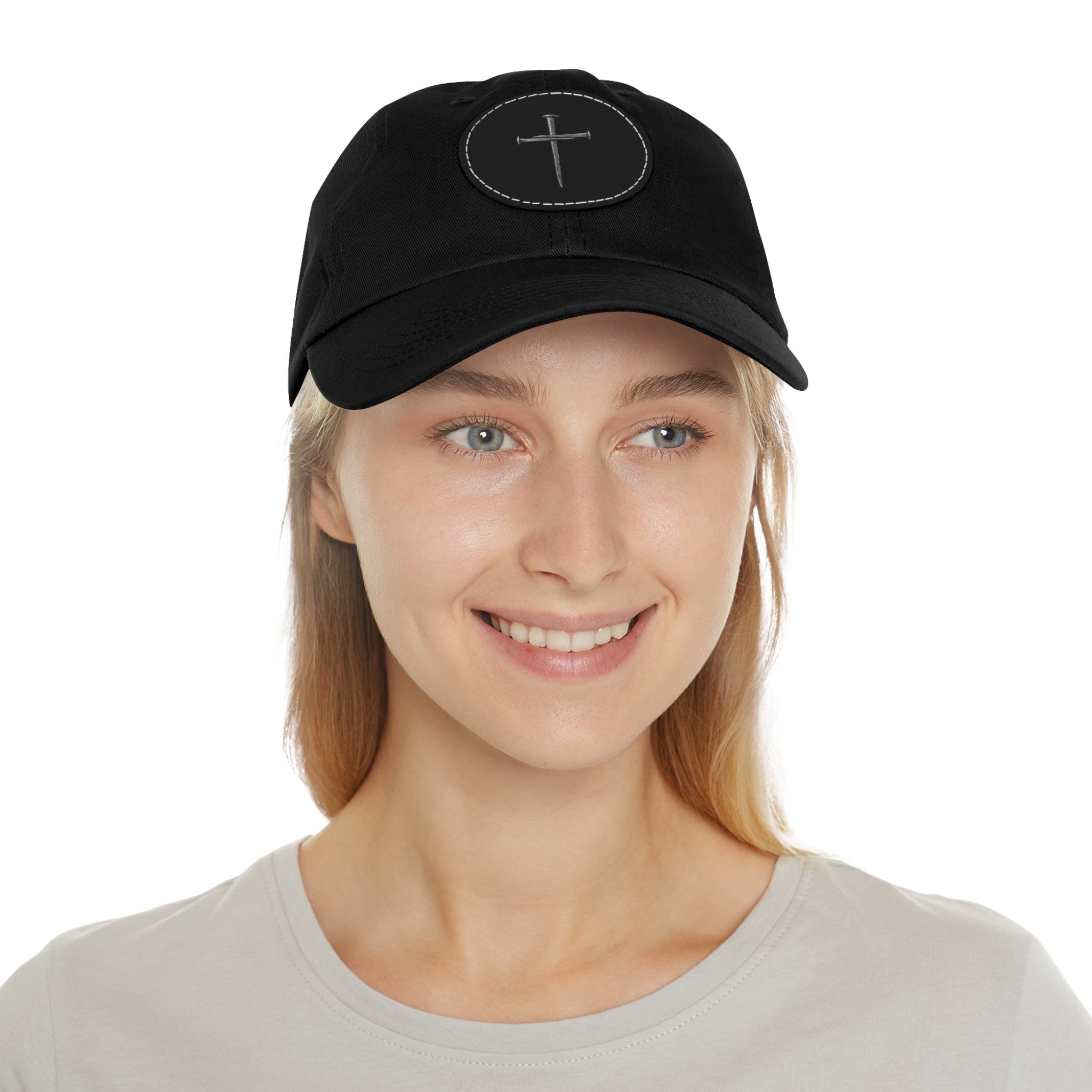 Embroidered Cross Leather Patch Dad Hat — Minimal Christian Baseball Cap