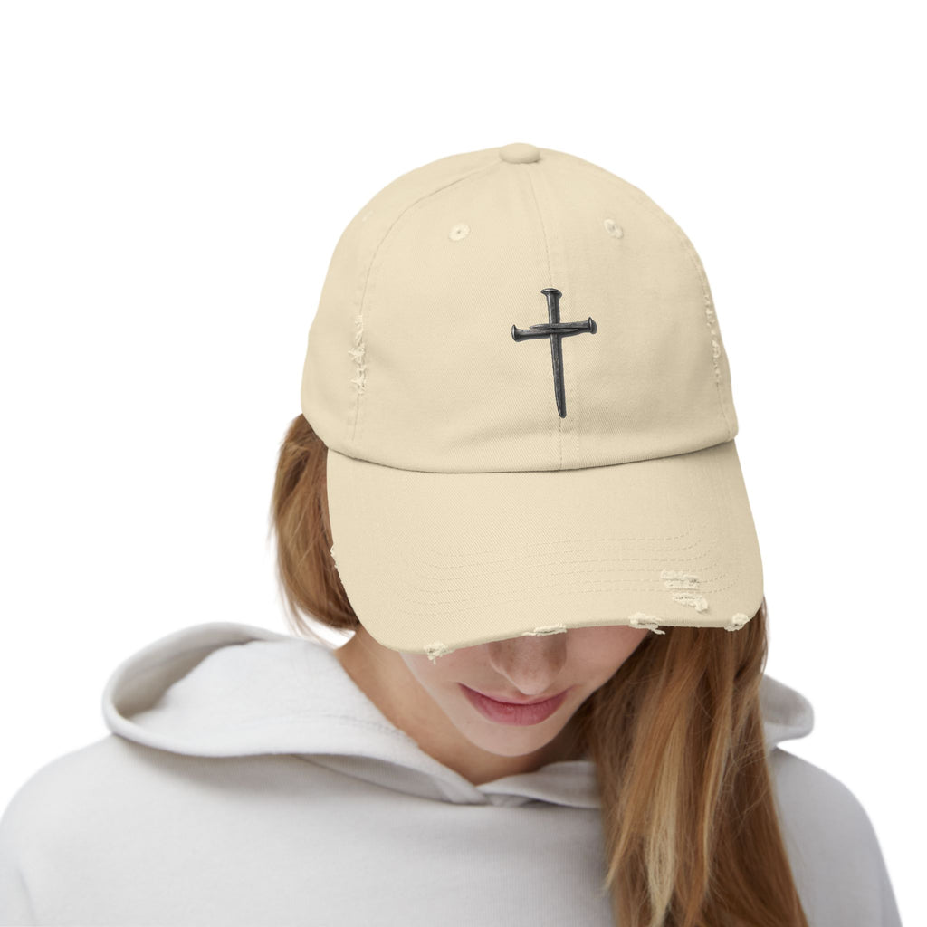 Distressed Black Cap with Silver Cross Embroidery — Faith-Inspired Baseball Hat