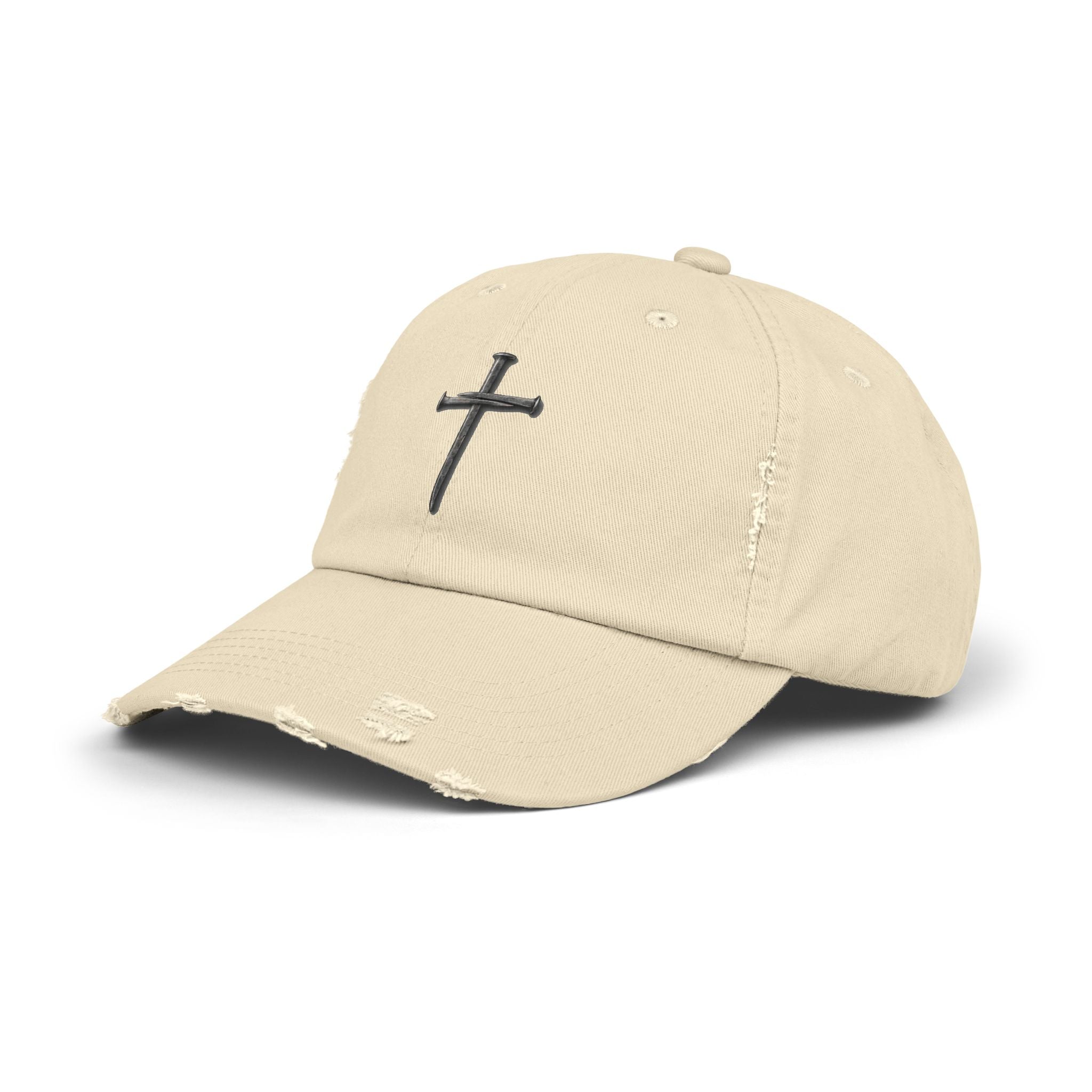 Distressed Black Cap with Silver Cross Embroidery — Faith-Inspired Baseball Hat