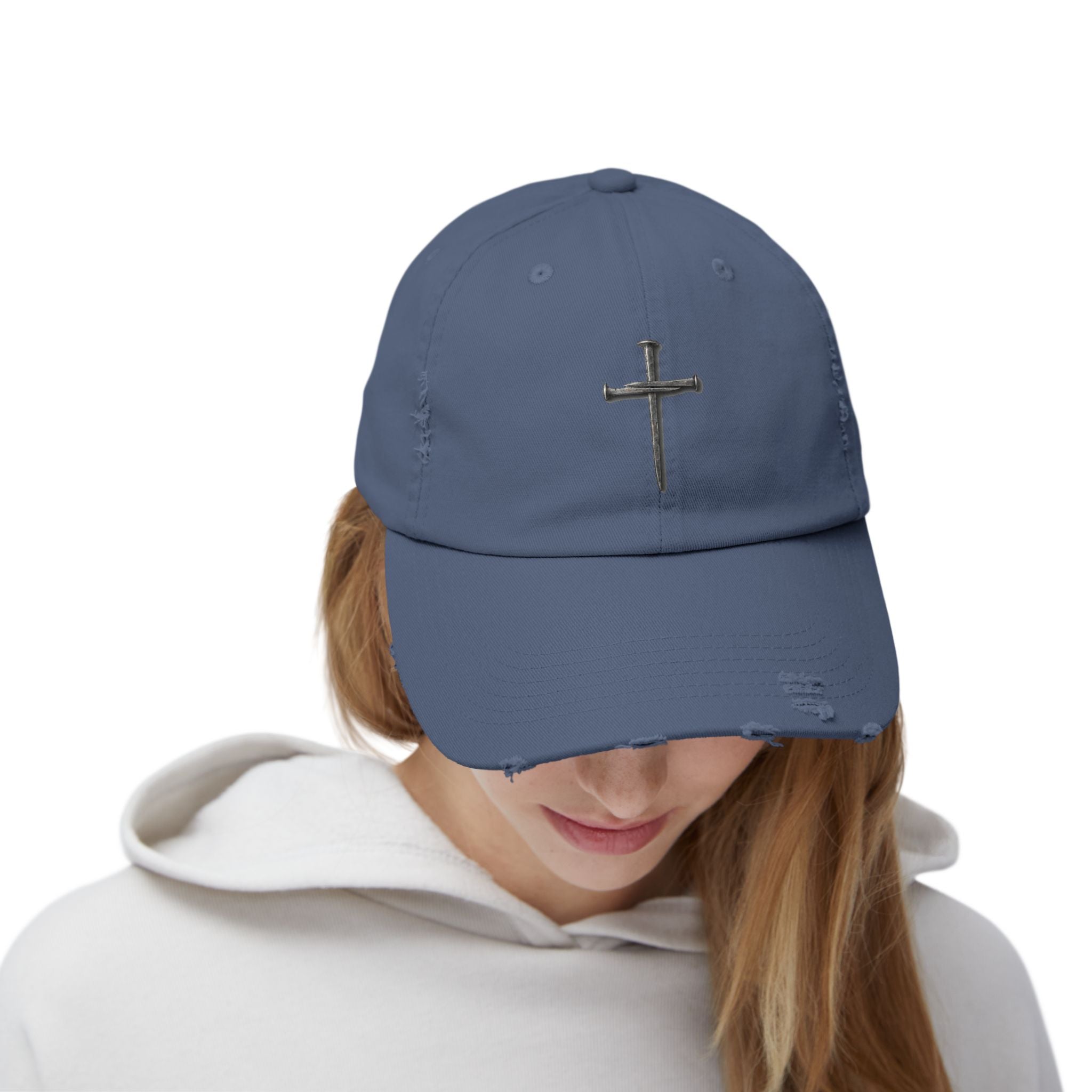 Distressed Black Cap with Silver Cross Embroidery — Faith-Inspired Baseball Hat