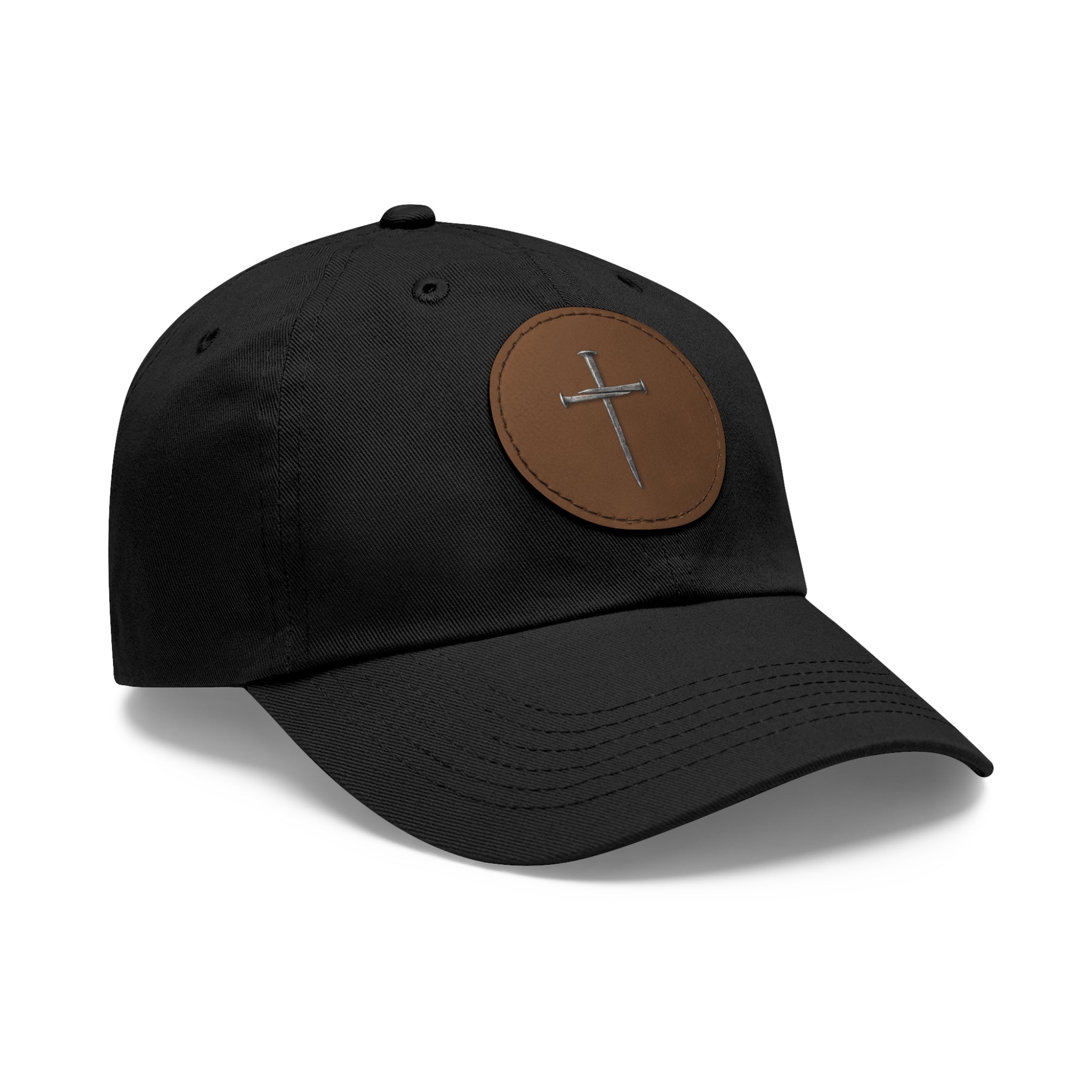 Embroidered Cross Leather Patch Dad Hat — Minimal Christian Baseball Cap