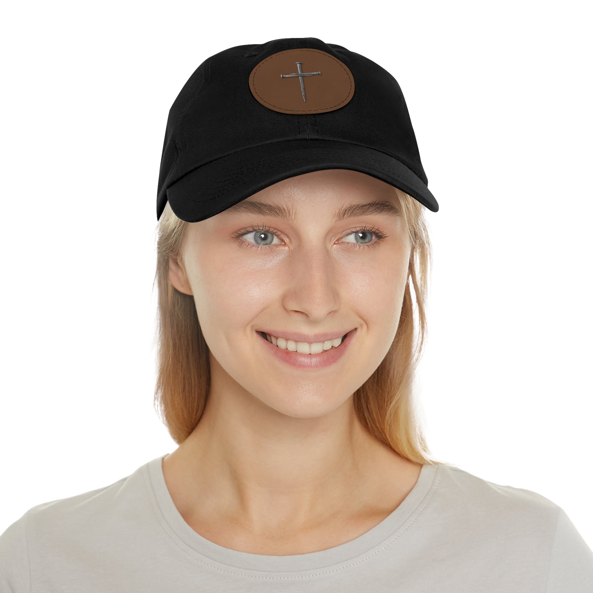 Embroidered Cross Leather Patch Dad Hat — Minimal Christian Baseball Cap
