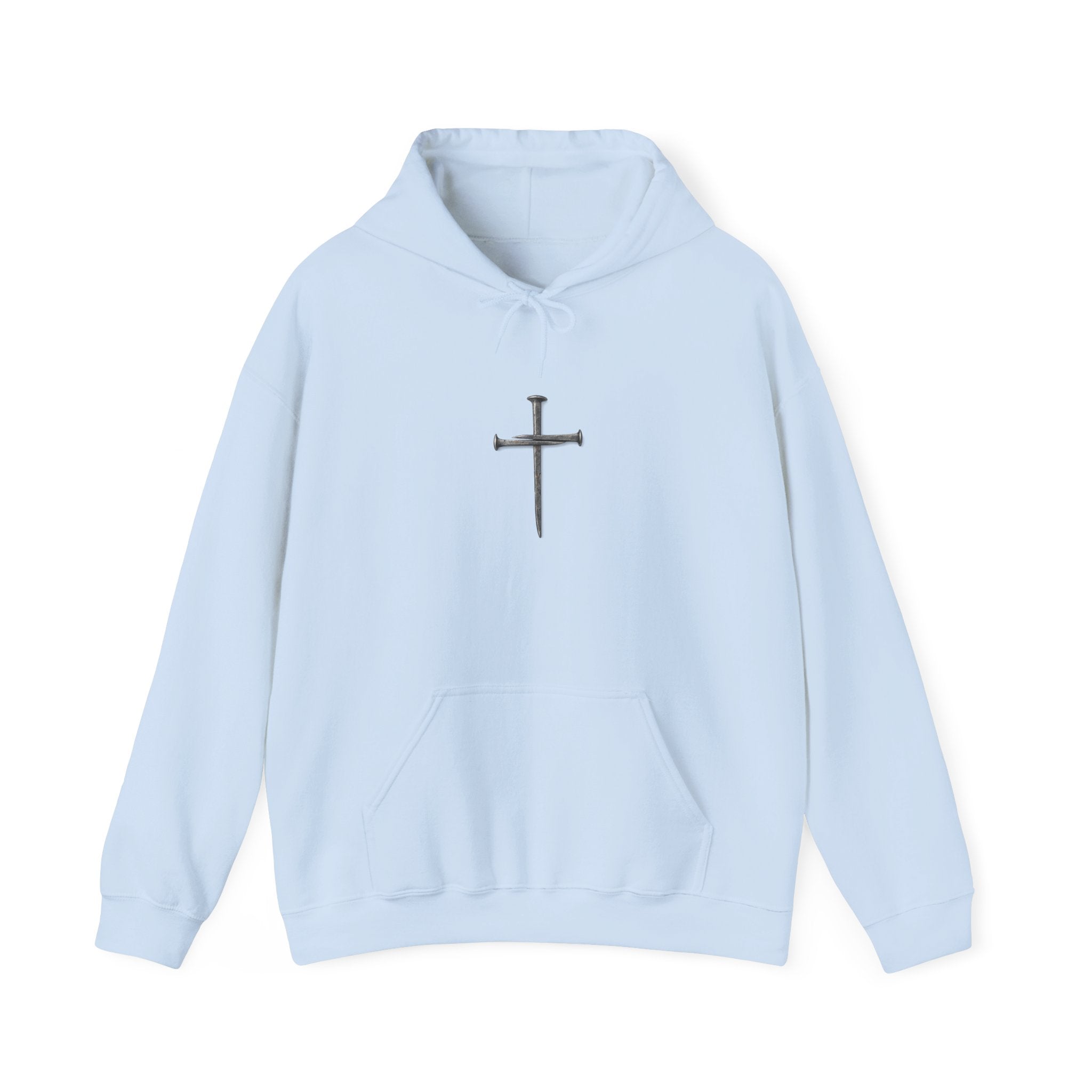 Minimal Cross Hoodie — Small Distressed Christian Cross Pullover