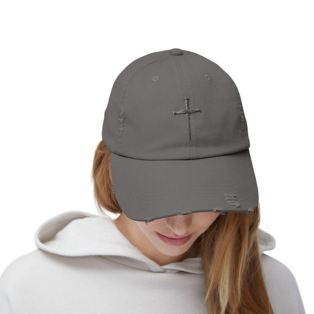 Distressed Black Cap with Silver Cross Embroidery — Faith-Inspired Baseball Hat