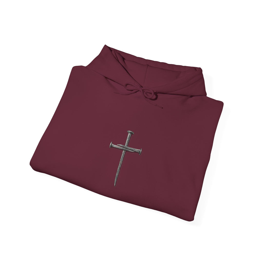 Minimal Cross Hoodie — Small Distressed Christian Cross Pullover