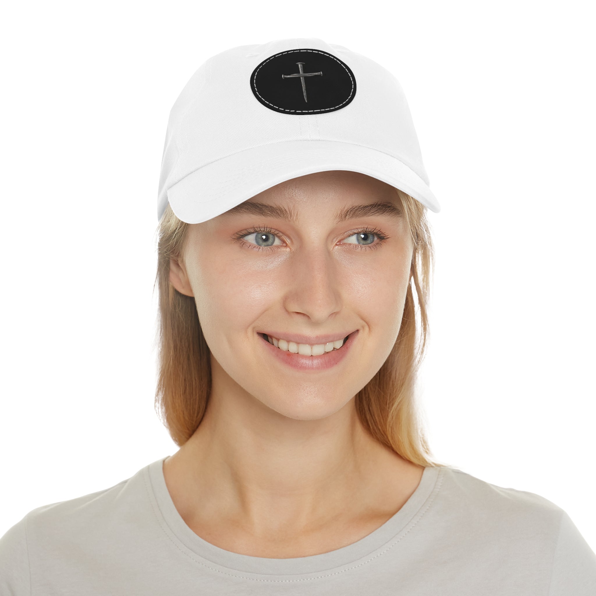 Embroidered Cross Leather Patch Dad Hat — Minimal Christian Baseball Cap