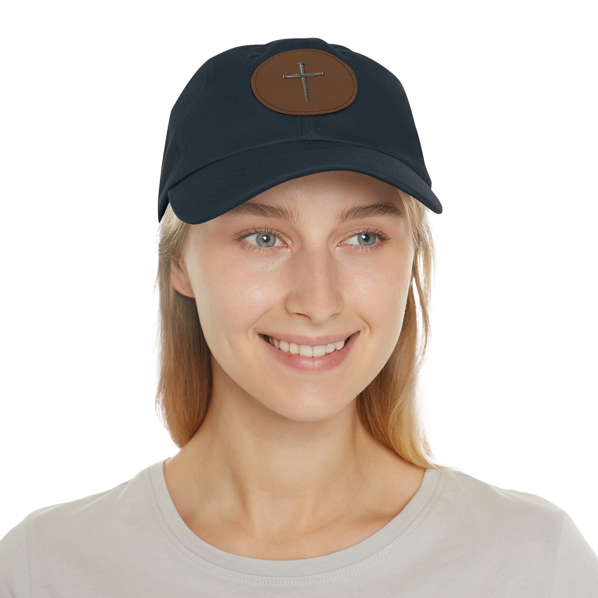 Embroidered Cross Leather Patch Dad Hat — Minimal Christian Baseball Cap